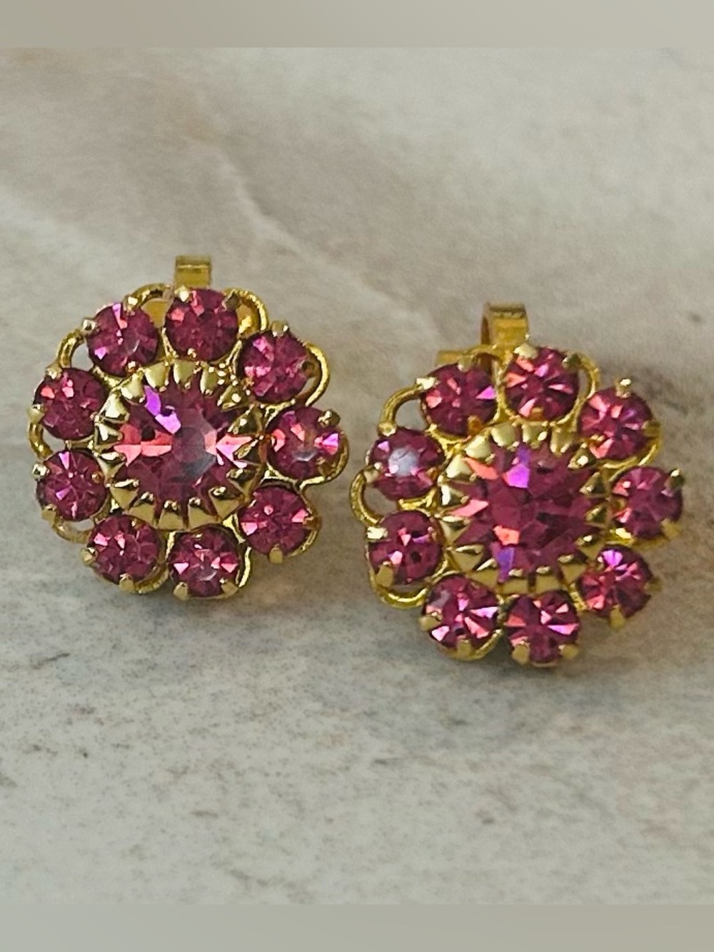 Gold Toned Pink Crystal Floral Clip-On Earrings